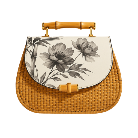 Handcrafted Bamboo Woven Bag with Floral Leather Flap